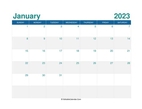 January 2023 Calendar Editable